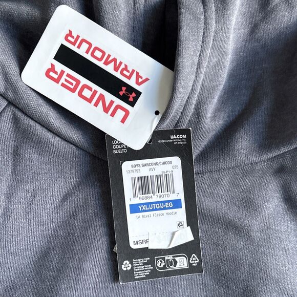 NWT Under Armour Boys' Rival Fleece Hoodie Castlerock Light Heather YXL - Picture 2 of 6